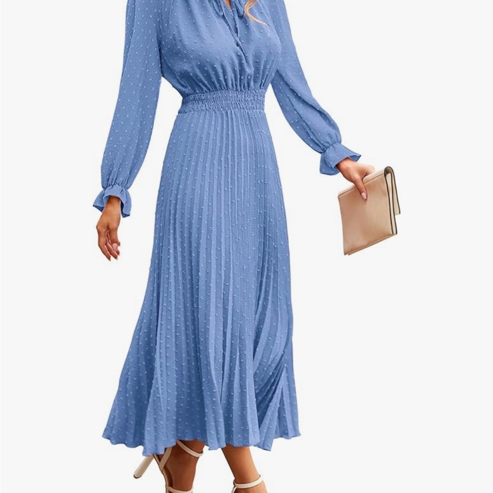 ⭐️NWT PRETTY GARDEN Midi Swiss Polka Dot Pleated A-line Flowy Peasant LongSleeve